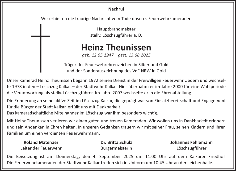  Traueranzeige für Heinz Theunissen vom 30.08.2025 aus NNA