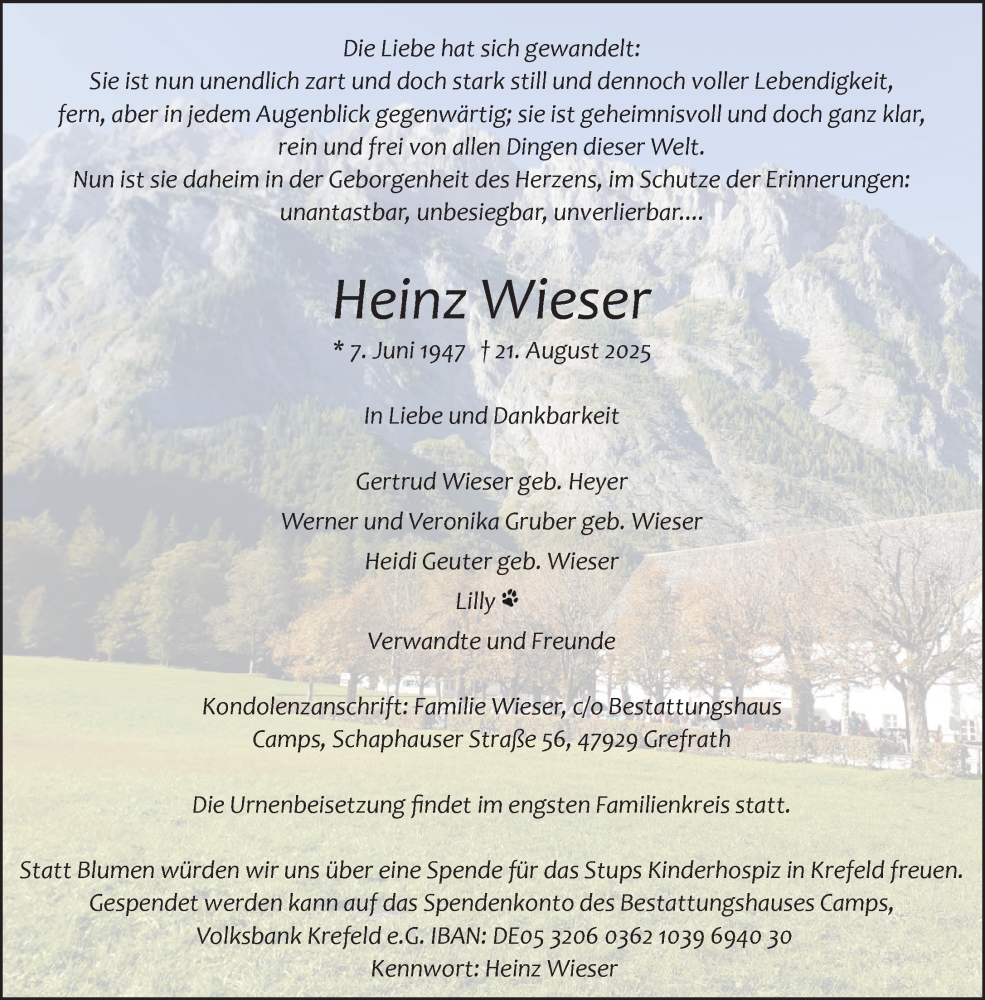  Traueranzeige für Heinz Wieser vom 30.08.2025 aus NNA
