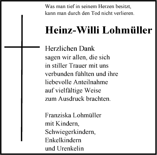 Traueranzeige von Heinz-Willi Lohmüller von NNA