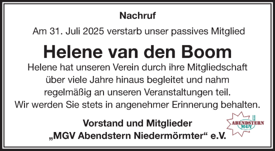 Traueranzeige von Helene van den Boom von NNA