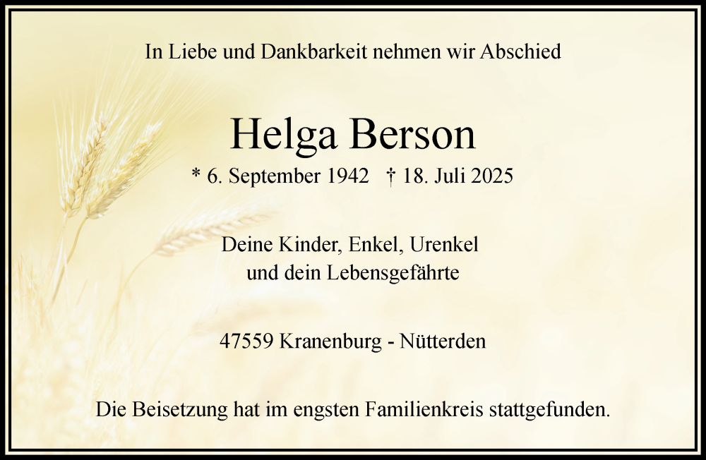  Traueranzeige für Helga Berson vom 09.08.2025 aus NNA