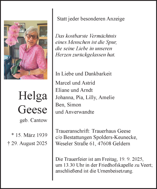 Traueranzeige von Helga Geese von NNA