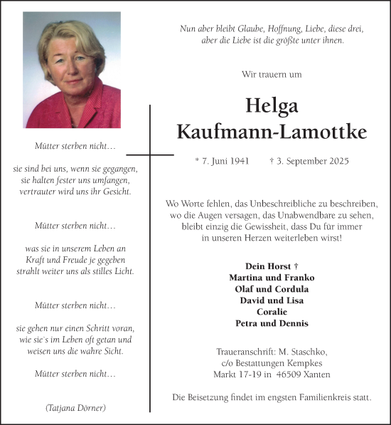 Traueranzeige von Helga Kaufmann-Lamottke von NNA