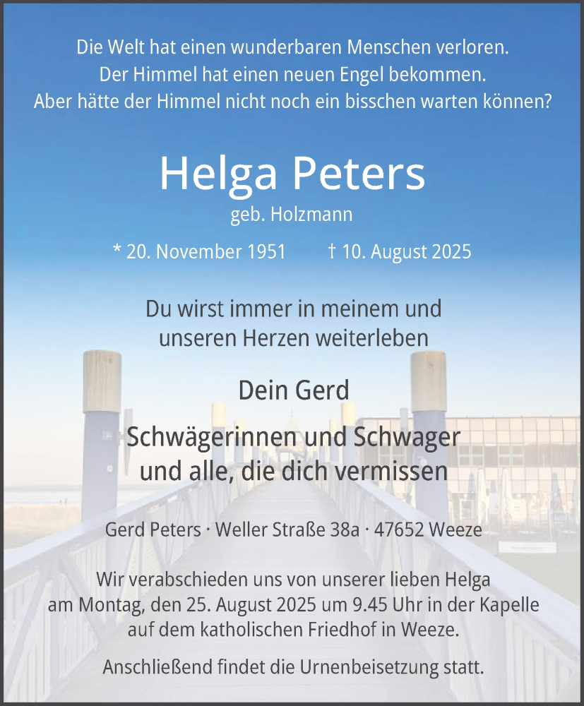  Traueranzeige für Helga Peters vom 16.08.2025 aus NNA