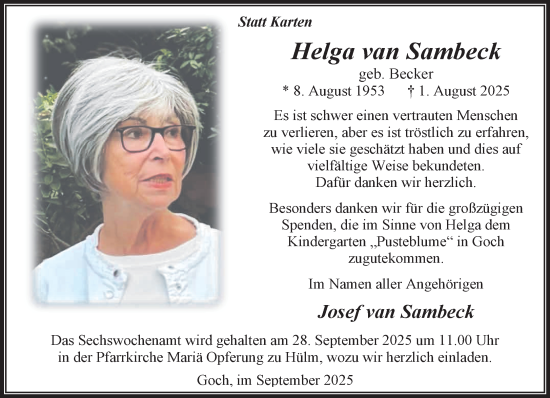 Traueranzeige von Helga van Sambeck von NNA