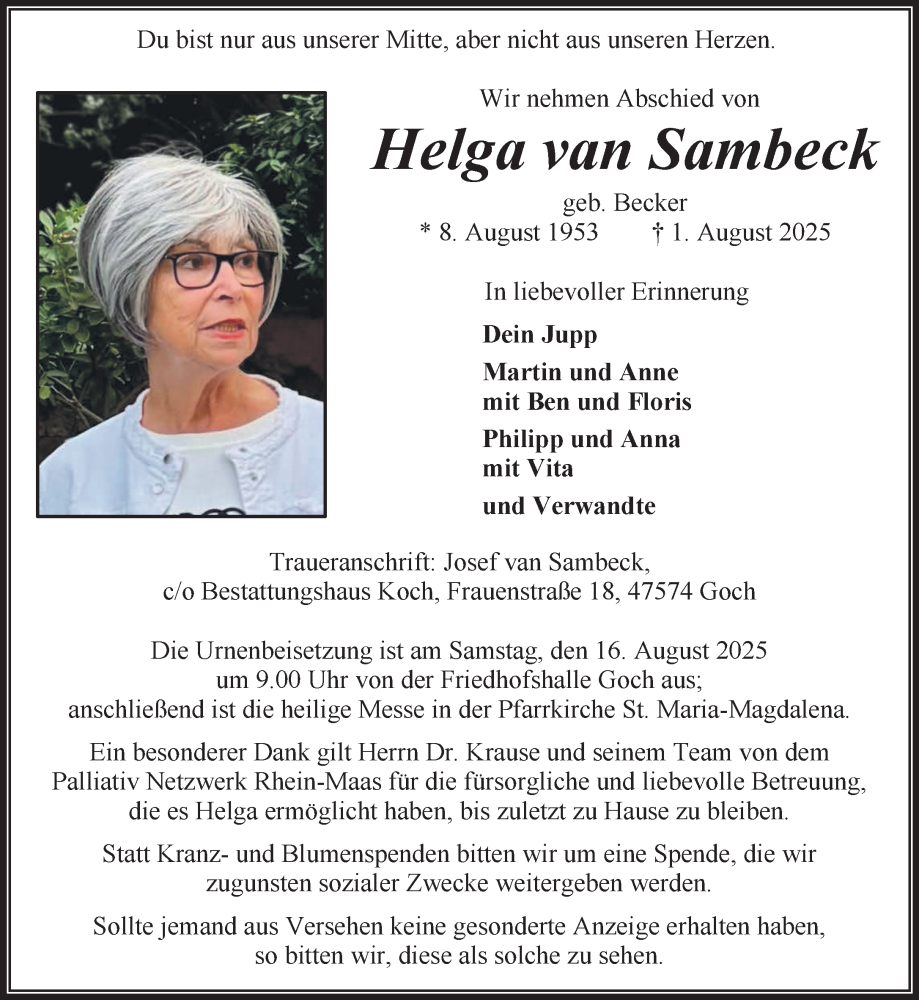  Traueranzeige für Helga van Sambeck vom 09.08.2025 aus NNA