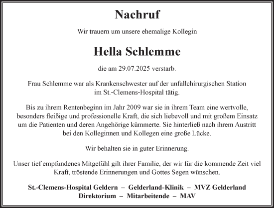 Traueranzeige von Hella Schlemme von NNA