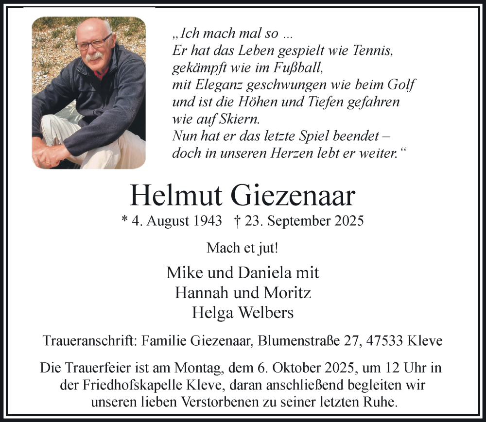  Traueranzeige für Helmut Giezenaar vom 27.09.2025 aus NNA