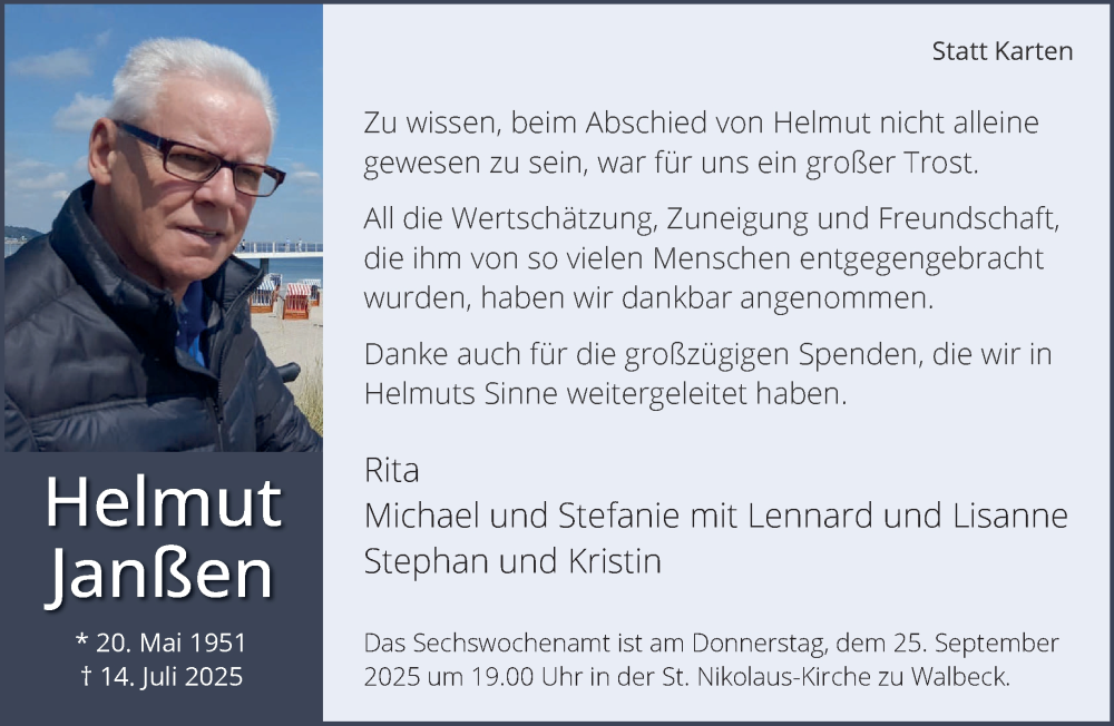  Traueranzeige für Helmut Janßen vom 20.09.2025 aus NNA