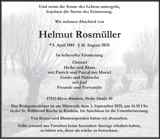 Traueranzeige von Helmut Rosmüller von NNA