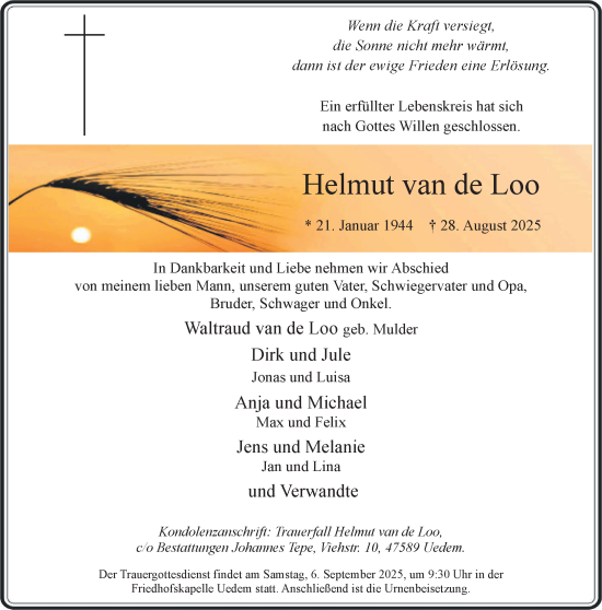Traueranzeige von Helmut van de Loo von NNA