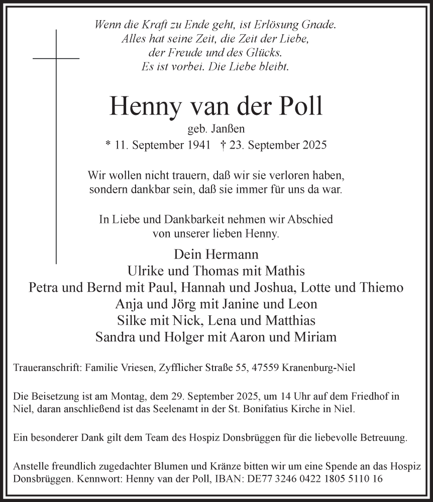  Traueranzeige für Henny van der Poll vom 27.09.2025 aus NNA