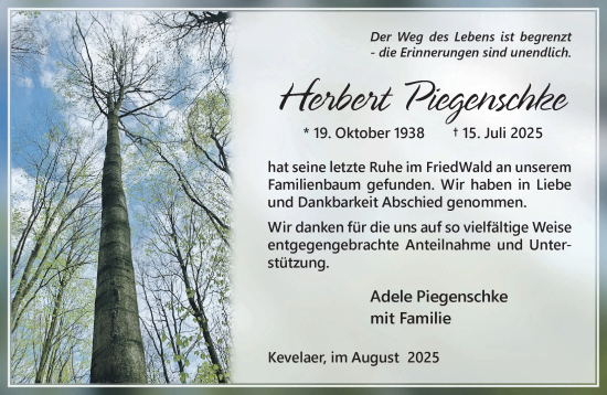 Traueranzeige von Herbert Piegenschke von NNA