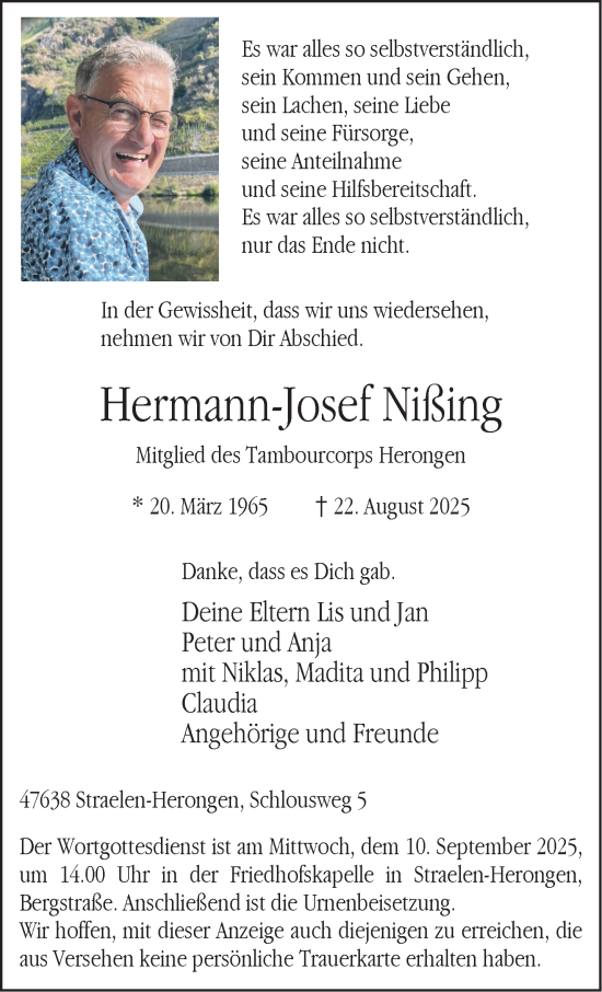 Traueranzeige von Hermann-Josef Nißing von NNA