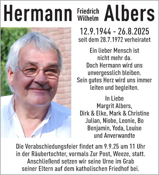 Traueranzeige von Hermann Friedrich Wilhelm Albers von NNA
