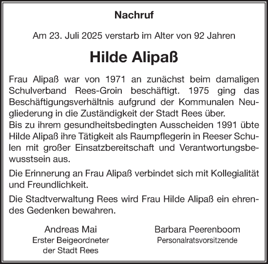 Traueranzeige von Hilde Alipaß von NNA