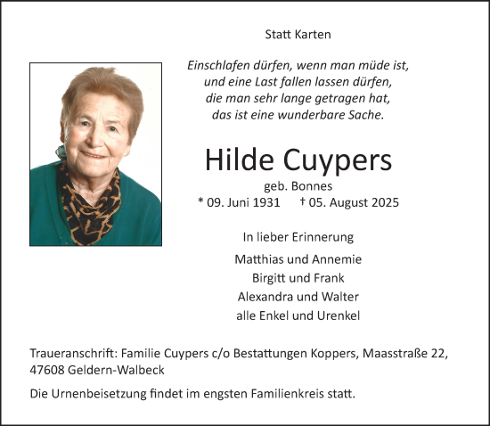 Traueranzeige von Hilde Cuypers von NNA