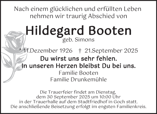 Traueranzeige von Hildegard Booten von NNA