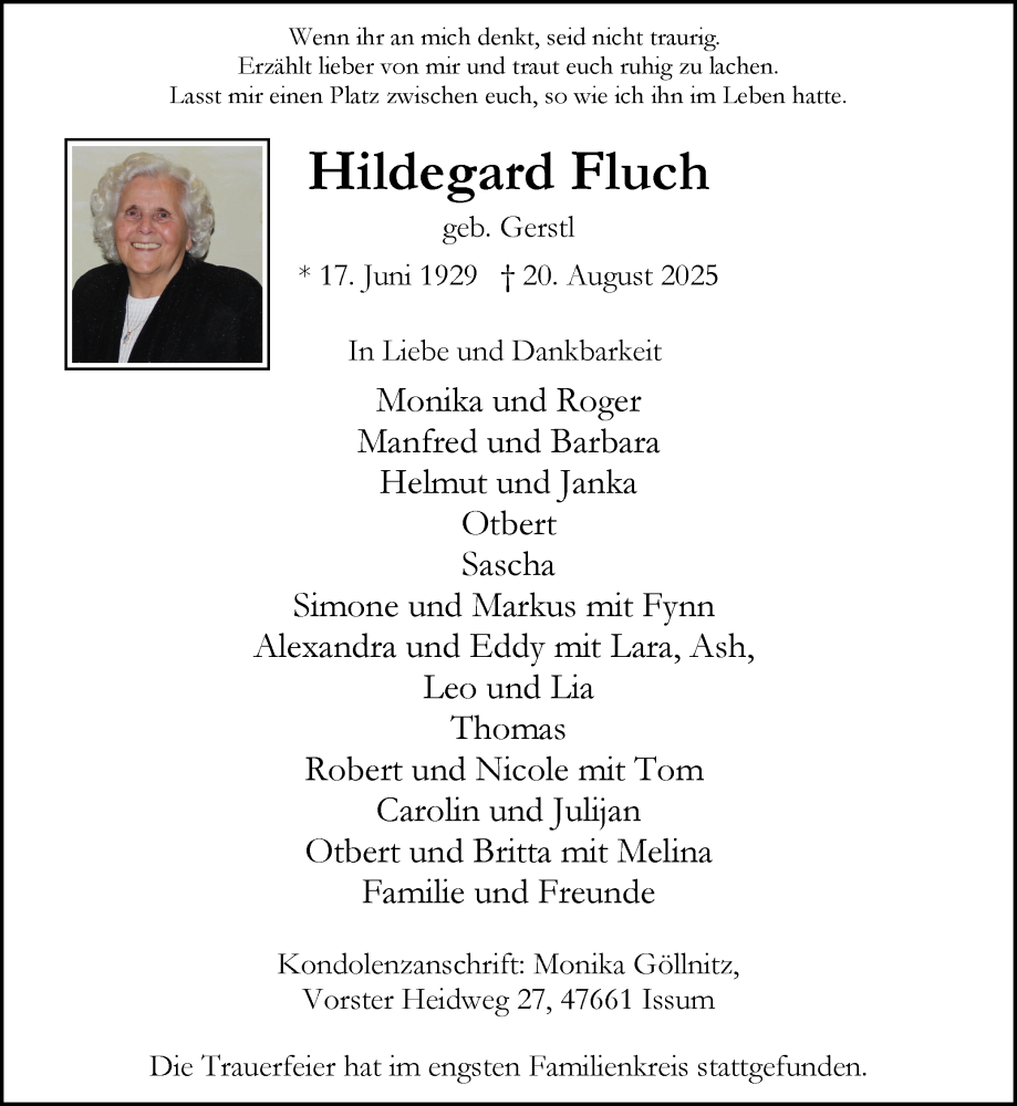  Traueranzeige für Hildegard Fluch vom 30.08.2025 aus NNA
