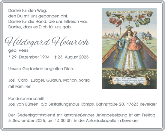 Traueranzeige von Hildegard Heinrich von NNA