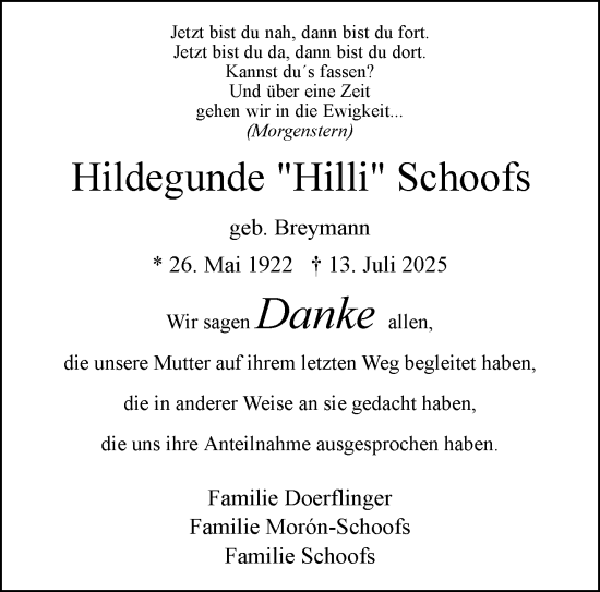 Traueranzeige von Hildegunde Schoofs von NNA