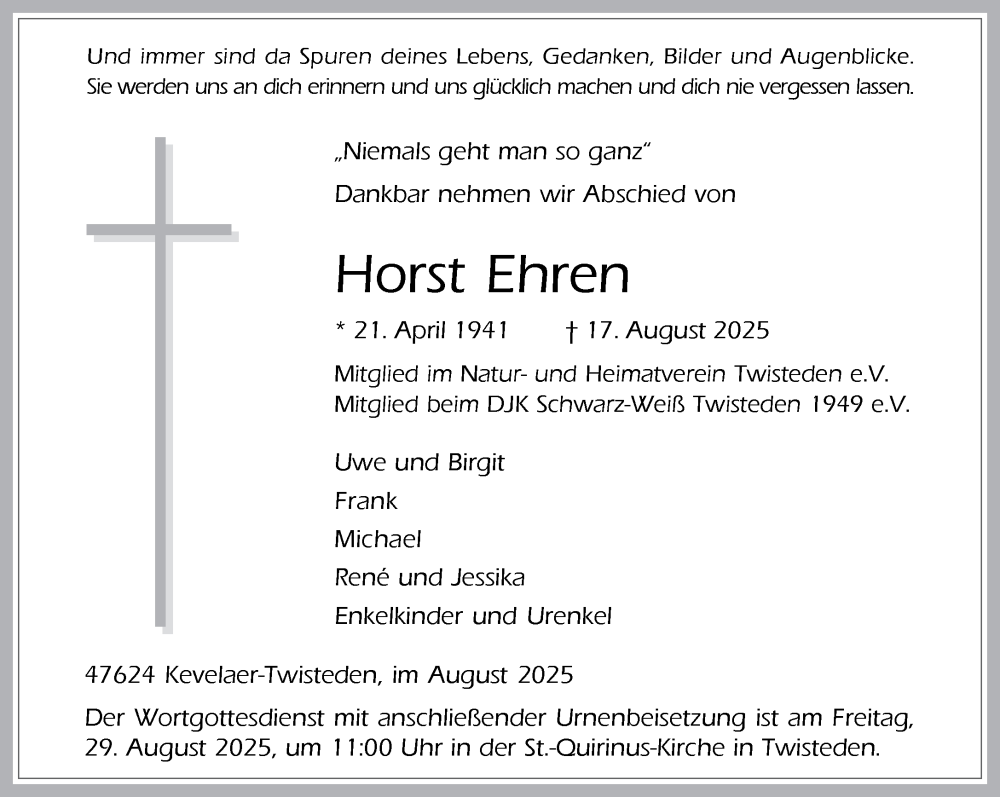  Traueranzeige für Horst Ehren vom 23.08.2025 aus NNA