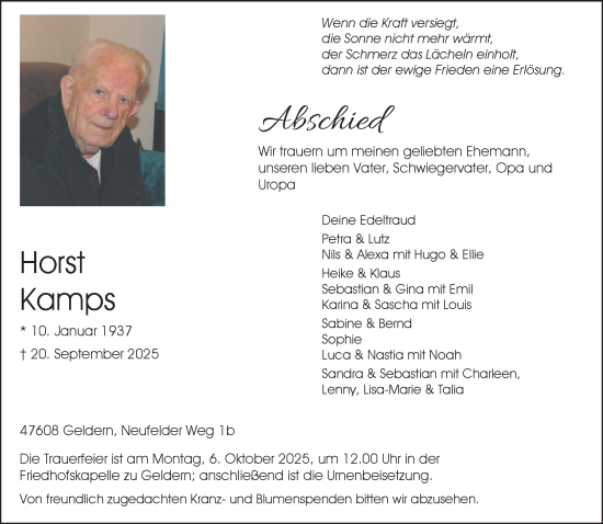 Traueranzeige von Horst Kamps von NNA