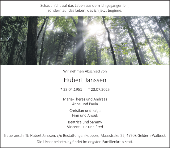 Traueranzeige von Hubert Janssen von NNA