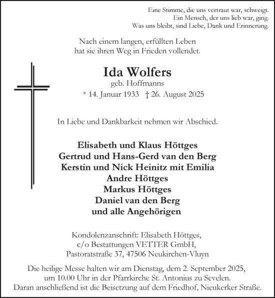 Traueranzeige von Ida Wolfers von NNA