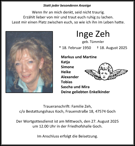 Traueranzeige von Inge Zeh von NNA