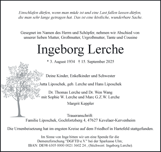 Traueranzeige von Ingeborg Lerche von NNA
