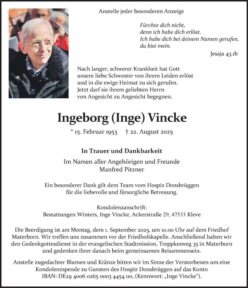  Traueranzeige für Ingeborg Vincke vom 30.08.2025 aus NNA