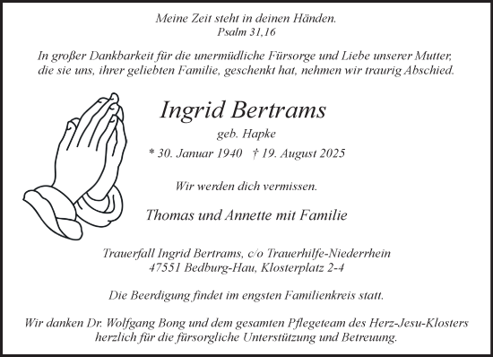 Traueranzeige von Ingrid Bertrams von NNA