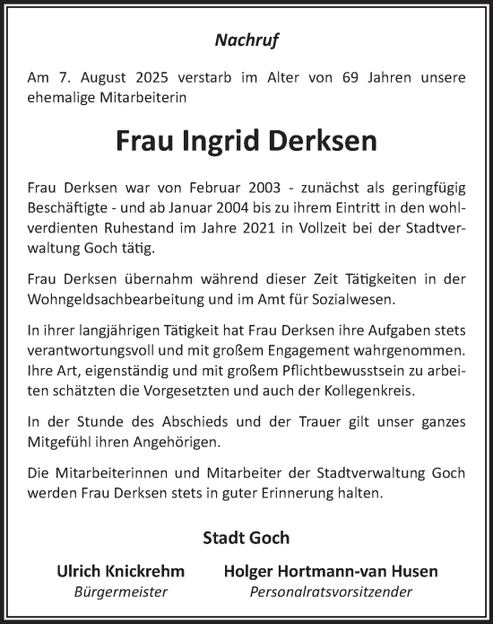 Traueranzeige von Ingrid Derksen von NNA