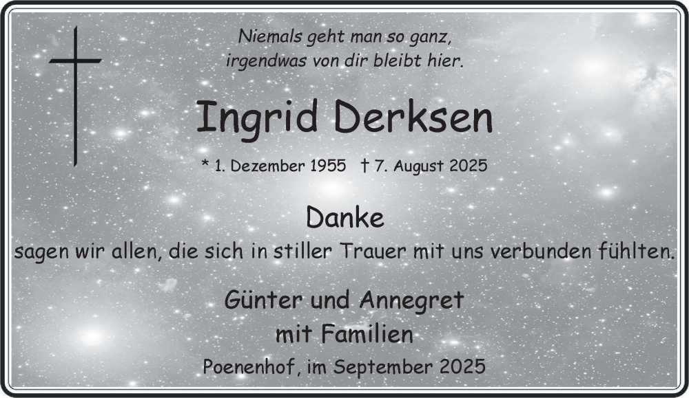  Traueranzeige für Ingrid Derksen vom 13.09.2025 aus NNA