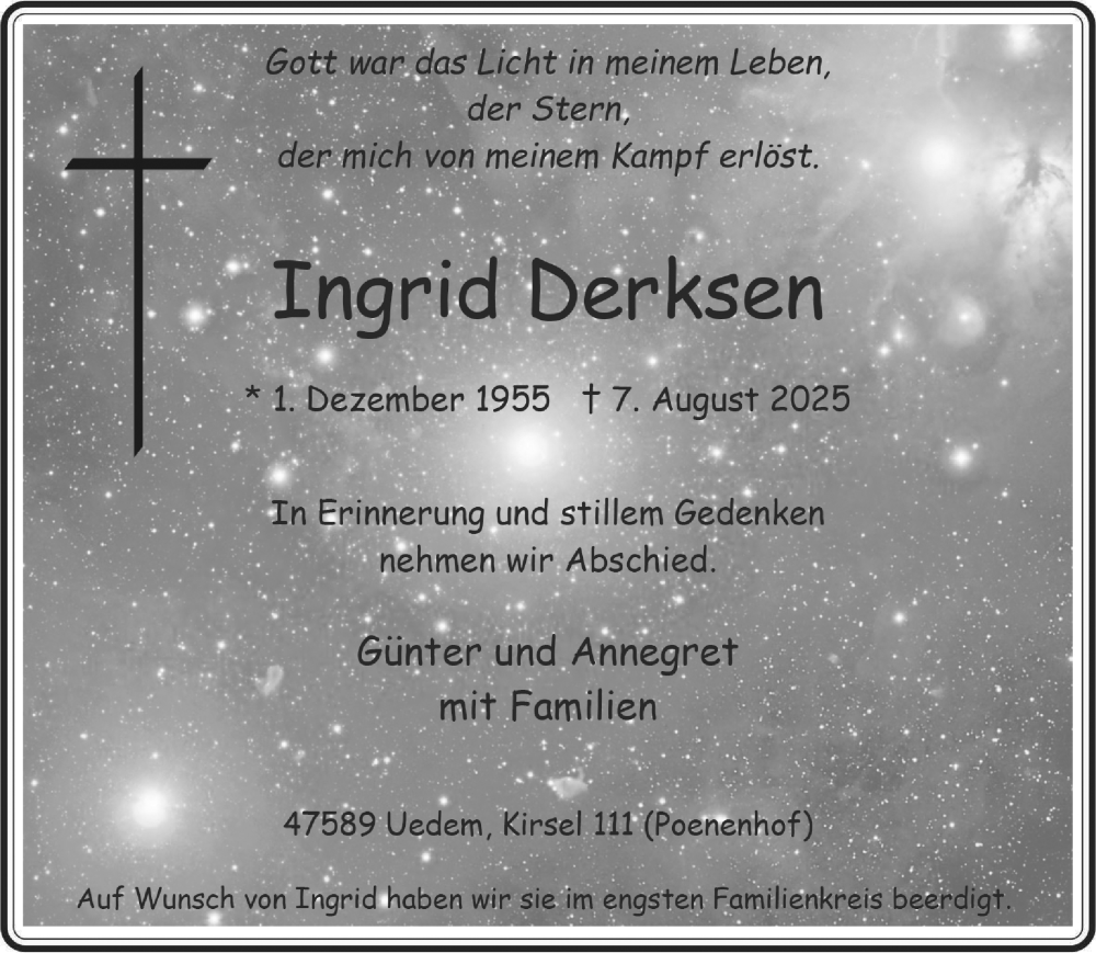  Traueranzeige für Ingrid Derksen vom 16.08.2025 aus NNA