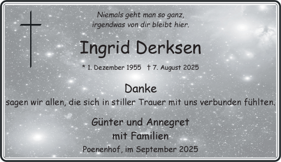Traueranzeige von Ingrid Derksen von NNA