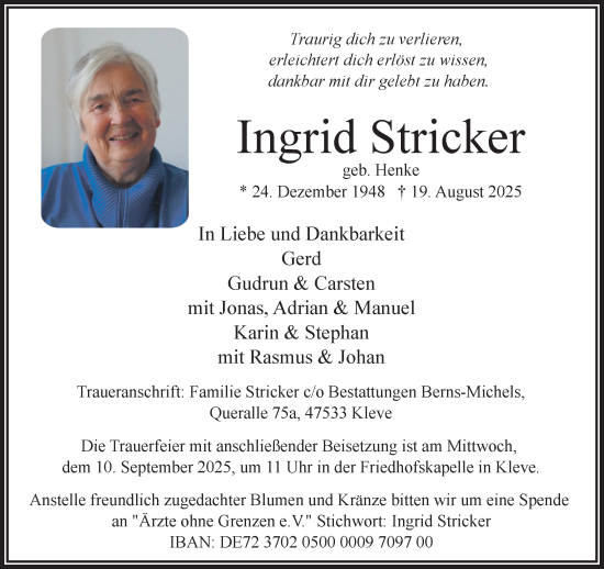 Traueranzeige von Ingrid Stricker von NNA