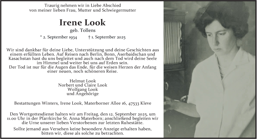  Traueranzeige für Irene Look vom 05.09.2025 aus NNA