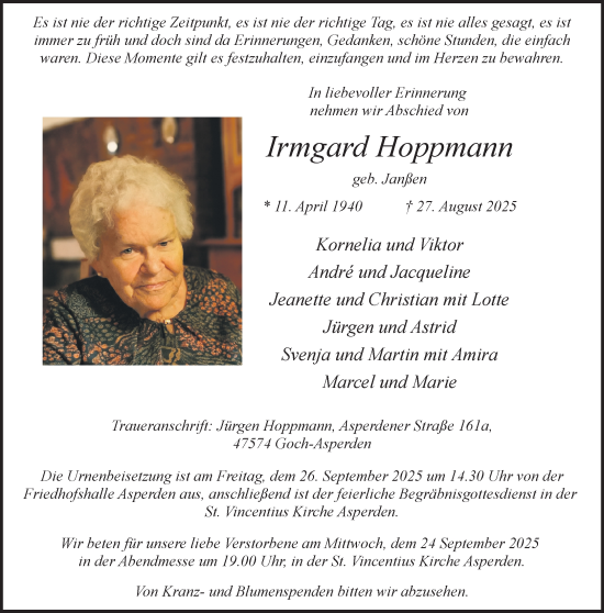 Traueranzeige von Irmgard Hoppmann von NNA