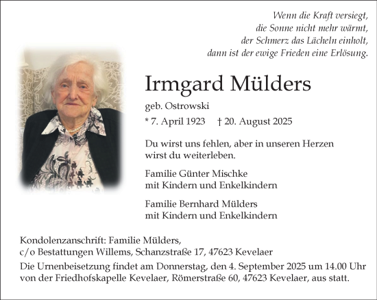 Traueranzeige von Irmgard Mülders von NNA