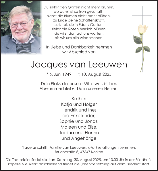 Traueranzeige von Jacques van Leeuwen von NNA