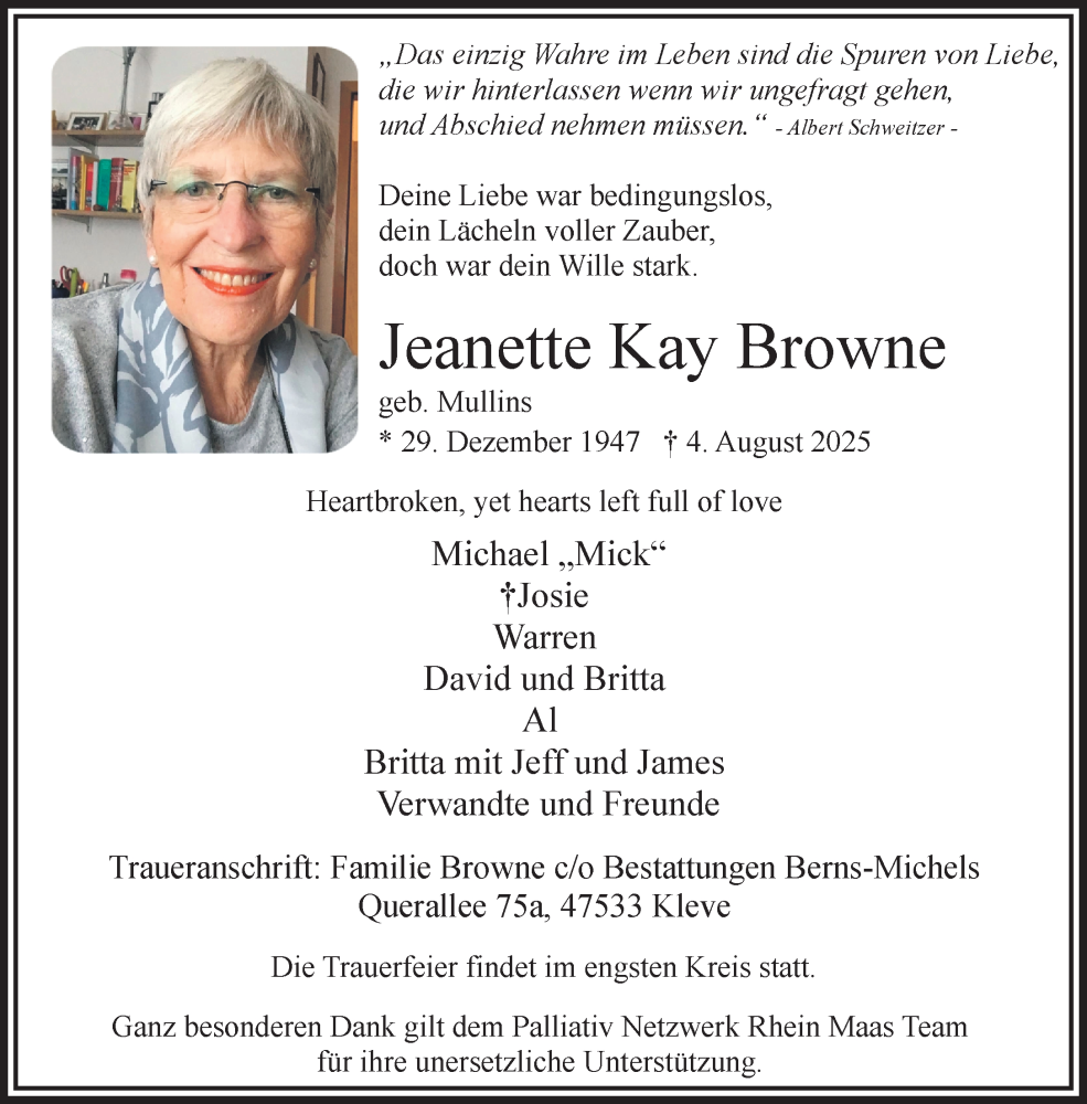  Traueranzeige für Jeanette Kay Browne vom 09.08.2025 aus NNA