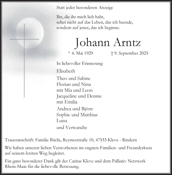Traueranzeige von Johann Arntz von NNA