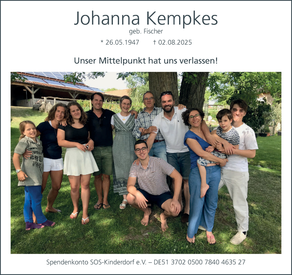  Traueranzeige für Johanna Kempkes vom 09.08.2025 aus NNA