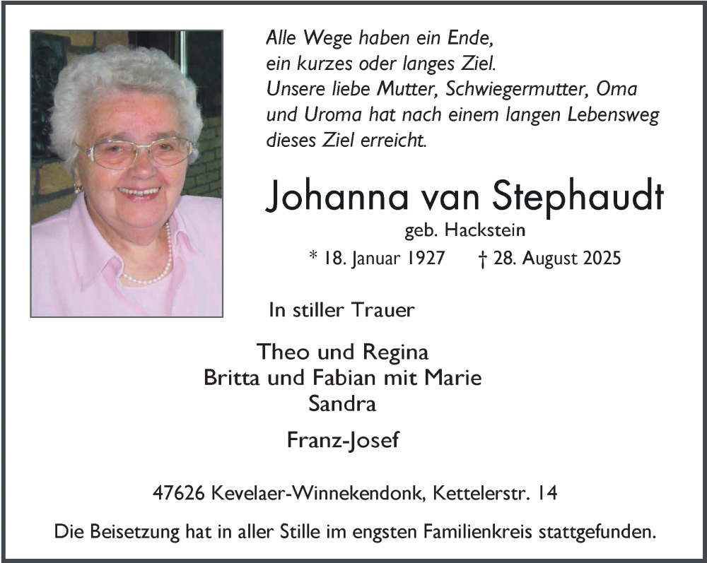  Traueranzeige für Johanna van Stephaudt vom 05.09.2025 aus NNA