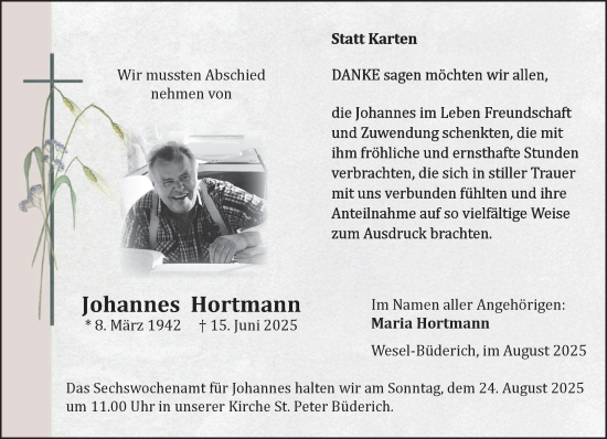 Traueranzeige von Johannes Hortmann von NNA