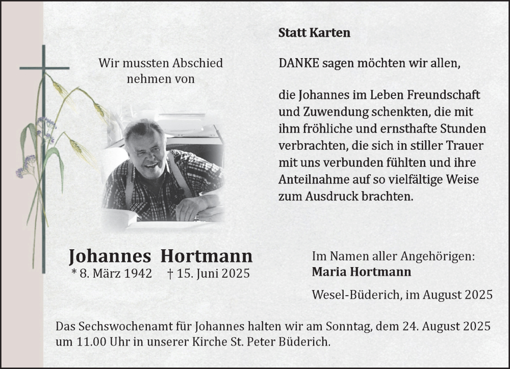  Traueranzeige für Johannes Hortmann vom 16.08.2025 aus NNA