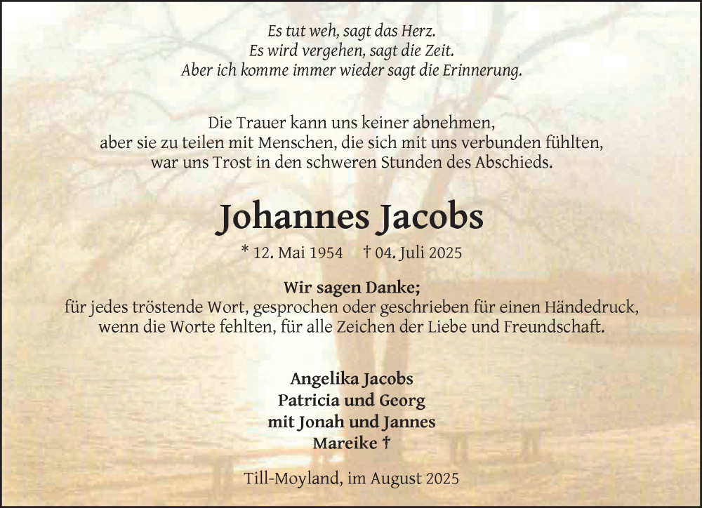  Traueranzeige für Johannes Jacobs vom 23.08.2025 aus NNA
