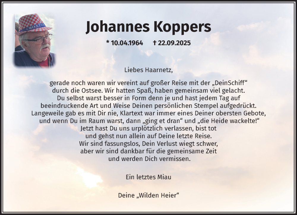  Traueranzeige für Johannes Koppers vom 27.09.2025 aus NNA